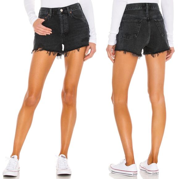 AGOLDE Parker Distressed Denim Shorts Women’s Size 26 Black Raw Hem - Picture 1 of 5